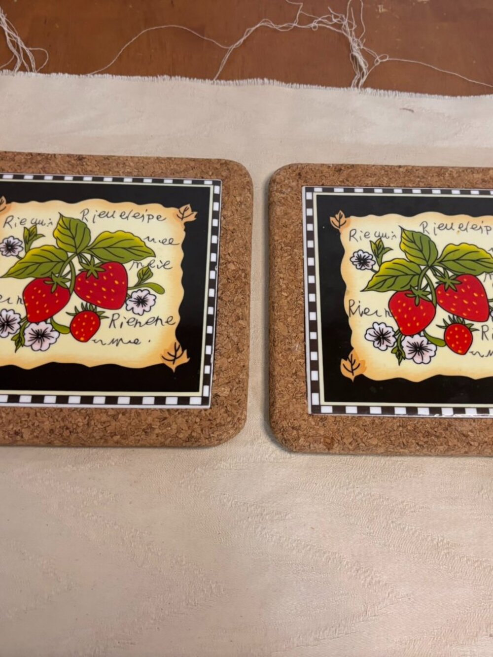 VTG Strawberry Cork & Ceramic Tile Trivet Set of 2